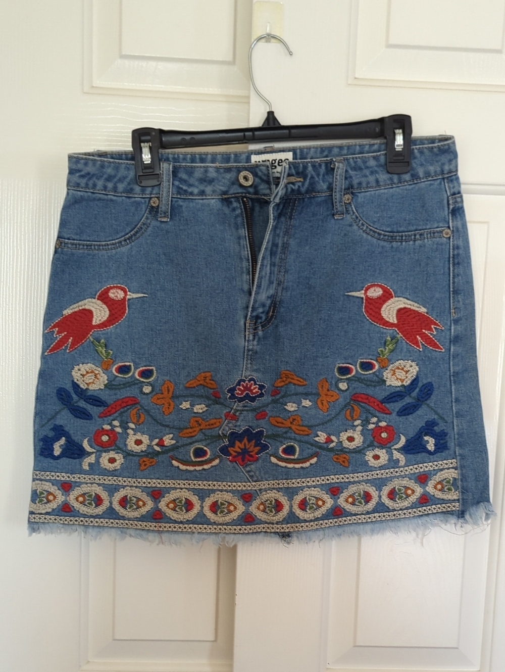 Umgee Blue Denim Mini Skirt with Red Bird Embroidery